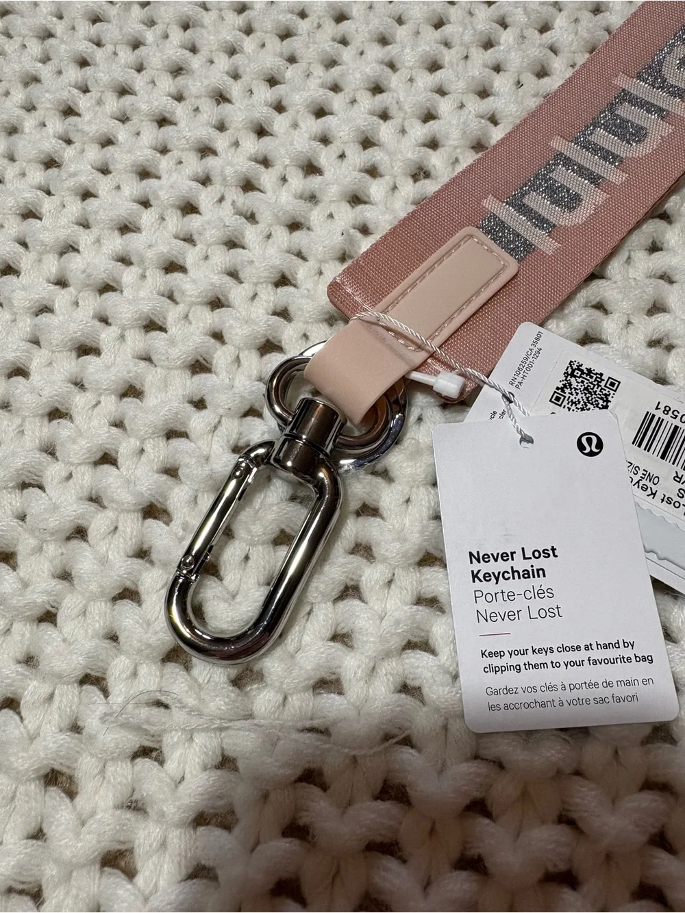 NWT lululemon pink mist/silver never lost keychain